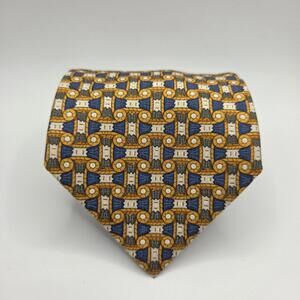 Vintage Hermès Paris Silk Necktie 7696 OA Yellow Blue White Geometric Design
